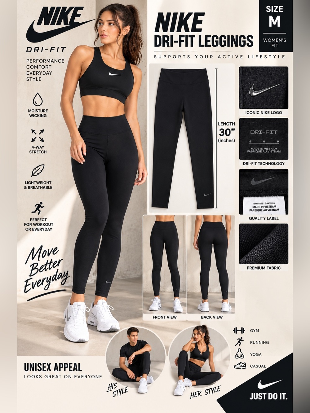 Nike Dri-FIT Women’s High Rise Leggings Black Size M AT3100-010 Stretch 30”
